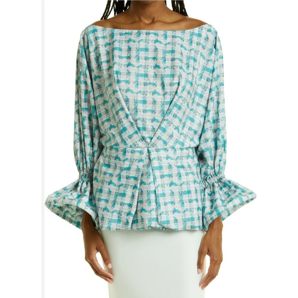 Kimberly Goldson $345 Sola Blue Plaid Bell Sleeve Peplum Blouse S